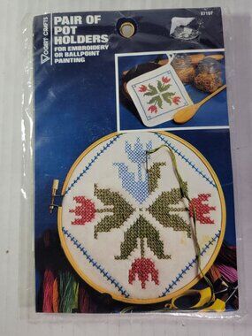 Vogart Crafts Pair of Flower Basket Pot Holders Embroidery Ballpoint Painting